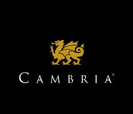 A black and gold logo for cambria.