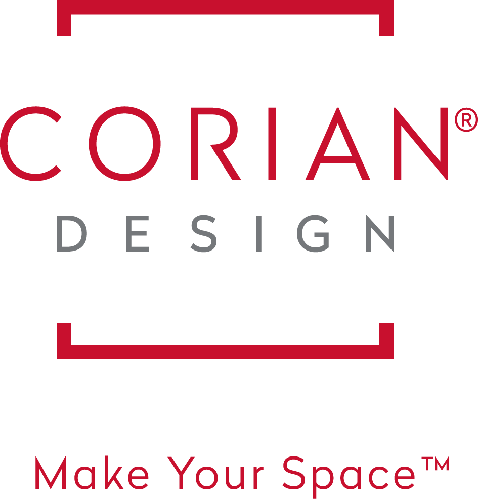 A green background with red letters and the words " corian design ".